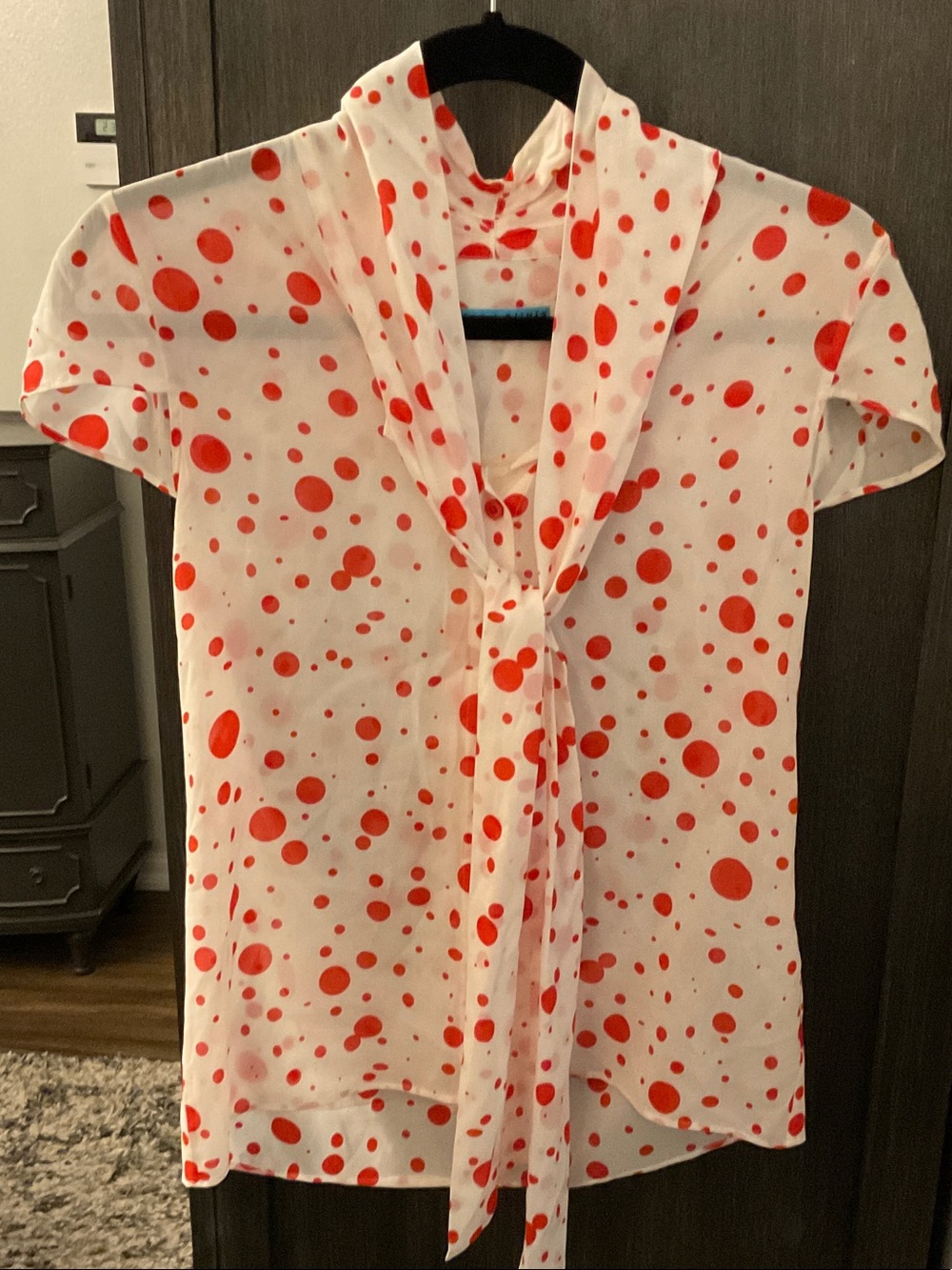 Alice + Olivia White Shirt with Red Polka Dot Tie-Neck
